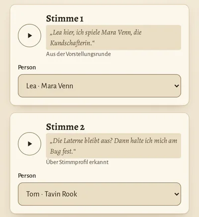 App-Ausschnitt „Stimmen zuordnen“: Stimme 1 ist Lea als Mara Venn, Stimme 2 ist Tom als Tavin Rook.