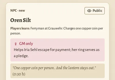App excerpt “Review suggestions”: new bible entry Oren Silt, public, with a GM-only note.